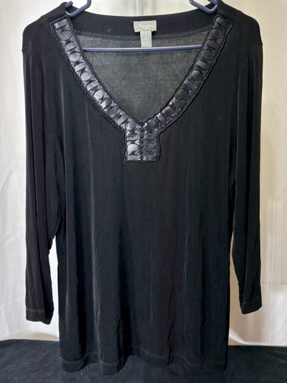 St. John Collection Black V-Neck Long Sleeve Top with Braided Trim 2527